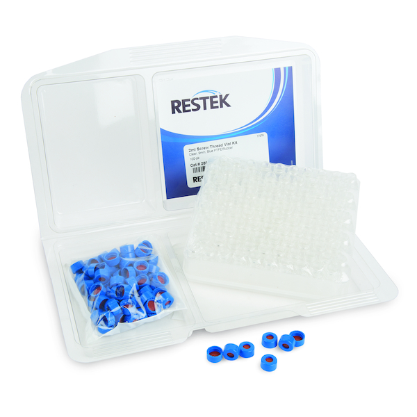 2ml Screw Thread Vial Kit, Clear w/Grad Marking Spot 9mm, Blue PTFE/Butyl Rubber Liner 100pk