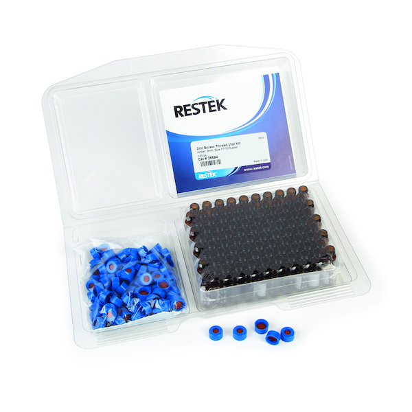 2ml Screw Thread Vial Kit, Amber w/Grad Marking Spot 9mm, Blue PTFE/Butyl Rubber Liner 100pk