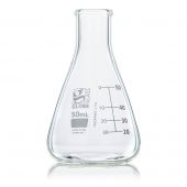 Flask, Erlenmeyer, Globe Glass, 50mL, Narrow Mouth, Dual Graduations, ASTM E1404, 12/Box