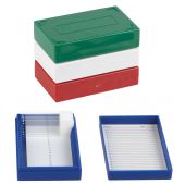 Microscope Slide box, 25 place, cork, blue, easily access slides with friction-fix cover, measurement 141 x 88 x 35mm.
