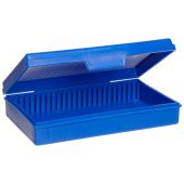 Blue; Polypropylene slide boxes; hold 25 standard slides; measures 141 x 92 x 36mm.