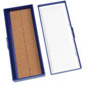Microscope Slide box, 50 place, cork, blue, thumb latch lock, measurement 209 x 86 x 35mm.