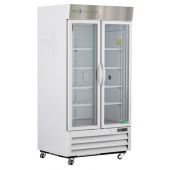 Standard Chromatography Refrigerator 36 Cu. Ft. Double Swing Glass Door with microprocessor temperature controller, audible and visual high/low temp alarms, remote alarm contacts, one duplex outlet, one 2" access port and casters. Requires two (2) outlets