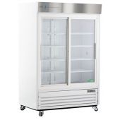 Standard Chromatography Refrigerator 47 Cu. Ft. Double Slide Glass Door with microprocessor temperature controller, audible and visual high/low temp alarms, remote alarm contacts, one duplex outlet, one 2" access port and casters. Adjustable operating tem