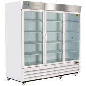 Standard Chromatography Refrigerator 72 Cu. Ft. Triple Swing Glass Door with microprocessor temperature controller, audible and visual high/low temp alarms, remote alarm contacts, one duplex outlet, one 2" access port and casters. Requires two (2) outlets