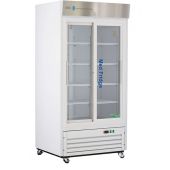 33 Cu. Ft. Standard Pharmacy/Vaccine Double Sliding Glass Door Refrigerator with microprocessor temperature controller with audible and visual alarms, remote alarm contacts, keyed door locks, casters, and pharmacy refrigerator/freezer toolkit, temperature