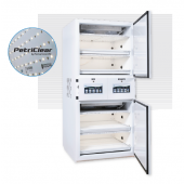 Dual Compartment Plant Tissue Culture Chamber. (33.5" wide), (2) lighted tiers per compartment. LED lighting is Percival Scientific's trademarked PetriClear LED Lighting consisting of SciWhite LED lighting + Infrared LED lighting combined in light fixt