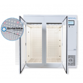 Plant Growth Chamber Series - (76.9" wide), with (1) tier of horizontal SciWhite enhanced with Red 660nm LED lighted shelving (1360 µmoles/m2/s of light irradiance measured at 6” from the LEDs, standard dimmable from 10%-100% in 1% increments). Air circ
