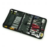 Restek 54 piece Tool Kit. Includes: screwdrivers, pliers, wrenches, sockets, scissors, clamps and more. Durable, zippered notebook-style carrying case.