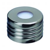 Restek headspace vial caps; 18mm magnetic screw thread cap with red PTFE/silicone septa (1.9mm); pkg/100. Package of 1000 also available.