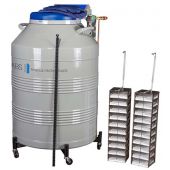 ABS Auto Jr autofill tank. Vial Capacity: 6,000. Includes: (6) racks; Max Rack, 6' Transfer Hose; Rollerbase; (70) 81/100 cell Plastic Boxes; CryoGloves, LLMR