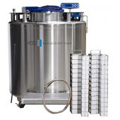 KryoVault auto fill tank KVP 2. Vial Capacity: 41,600. Includes: (30) Large Stainless Steel Racks; (8) Small Stainless Steel Racks; (390) 81/100 Cell Cardboard Boxes; (104) 25 Cell Cardboard Boxes; 6' Transfer Hose; CryoGloves and LN2 Measuring Ruler