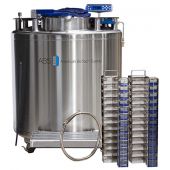 KryoVault auto fill tank KVP 2. Vial Capacity: 41,600. Includes: (30) Large Stainless Steel Racks; (8) Small Stainless Steel Racks; (390) 81/100 Cell Plastic Boxes; (104) 25 Cell Plastic Boxes; 6' Transfer Hose; CryoGloves and LN2 Measuring Ruler