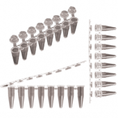 Tempassure 0.1 mL PCR flex-free tube strips (White) with attached flat caps (optically clear). 120 strips of eight (8) tubes and caps (960 tubes/caps).
