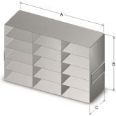 Custom BioGenic Systems Upright Freezer Rack, 15-Box Capacity (3 Long 5 High) for Standard 2" High Boxes, Stainless Steel, With Handles.