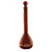 Borosil® Amber Volumetric Flask With Glass/Plastic Stopper, ASTM Ind Cert Class A, 100 mL, 10/CS