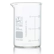 Beaker, Globe Glass, 30mL, Low Form Griffin Style, Dual Graduations, ASTM E960, 12/Box