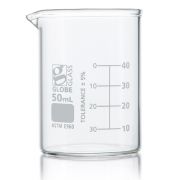 Beaker, Globe Glass, 50mL, Low Form Griffin Style, Dual Graduations, ASTM E960, 12/Box