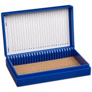 Microscope Slide box, 25 place, cork, blue, easily access slides with friction-fix cover, measurement 141 x 88 x 35mm.