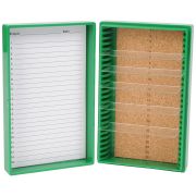 Microscope Slide box, 25 place, cork, green, easily access slides with friction-fix cover, measurement 141 x 88 x 35mm.