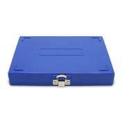 Heathrow Scientific microscope slide box. 100-place, cork lining, blue, ABS plastic, numbered, molded slots, durable clasp
