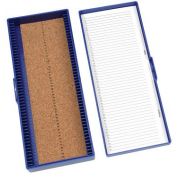 Microscope Slide box, 50 place, cork, blue, thumb latch lock, measurement 209 x 86 x 35mm.