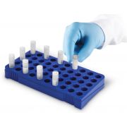 Heathrow Scientific Cryogenic Vial Holder. 50-place rack for cryogenic vials; tabs in bottom of wells hold tubes for one-handed opening; grid markings; autoclavable and cryogenic freezer safe, blue; pkg/4.
