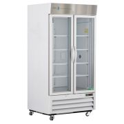 Standard Chromatography Refrigerator 36 Cu. Ft. Double Swing Glass Door with microprocessor temperature controller, audible and visual high/low temp alarms, remote alarm contacts, one duplex outlet, one 2" access port and casters. Requires two (2) outlets