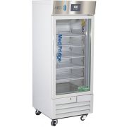 12 Cu. Ft. Premier Pharmacy/Vaccine Glass Door Refrigerator with microprocessor temperature controller with audible and visual alarms, remote alarm contacts, keyed door locks, pharmacy refrigerator/freezer toolkit, temperature logs and CDC approved power 