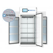 Plant Growth Chamber Series - 36 series (36" wide), with (5) tiers of shelving.  Two externally mounted lamp banks lighted by SciWhite enhanced with Red 660nm LED lighting (separated from chamber growth space by side glass walls) (515 µmoles/m2/s of light