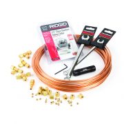 Restek GC installation kit. Includes: tubing cutter, 1 - 1/8" x 1/4" reamer; 1-1/8" x 1/4" brasstube end reducer, 1-7/16" wrench, 1-1/2" wrench, 4 x 1/8" brass tees, 10 x 1/8" brass nuts, 10 x brass front and back ferrules and 50' x 1/8" pre-cleaned coppe