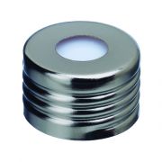 Restek headspace vial caps; 18mm magnetic screw thread cap with red PTFE/silicone septa (1.9mm); pkg/100. Package of 1000 also available.