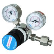 Air Liquide Single Stage VOC Regulator, Stainless Steel, Fittings: CGA 180 (0-30 psig) and two pressure gauges. 3,000 psig maximum inlet pressure.