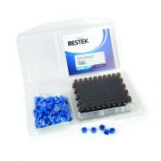 Restek 2ml Screw Thread Vial Kit, Amber w/Grad Marking Spot 9mm, Blue PTFE/Butyl Rubber Liner 100-pk.