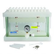 Resprep QR-24 Quick-Replace vacuum manifold cover with 24 flow control valves & gasket; glass basin with vacuum gauge & valve assembly; collection rack (base, 2 support rods, center plate, 10 mm test tube plate, 8 clips); plate for 16 mm test tubes; 24 te