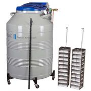 ABS Auto Jr autofill tank. Vial Capacity: 6,000. Includes: (6) racks; Max Rack, 6' Transfer Hose; Rollerbase; (70) 81/100 cell Plastic Boxes; CryoGloves, LLMR