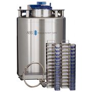 KryoVault auto fill tank KVP 1. Vial Capacity: 19,500. Includes: (14) Large Stainless Steel Racks; (4) Small Stainless Steel Racks; (182) 81/100 Cell Plastic Boxes; (52) 25 Cell Plastic Boxes; 6' Transfer Hose; CryoGloves and LN2 Measuring Ruler