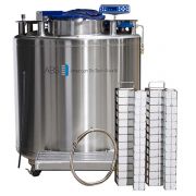 KryoVault auto fill tank KVP 2. Vial Capacity: 41,600. Includes: (30) Large Stainless Steel Racks; (8) Small Stainless Steel Racks; (390) 81/100 Cell Cardboard Boxes; (104) 25 Cell Cardboard Boxes; 6' Transfer Hose; CryoGloves and LN2 Measuring Ruler