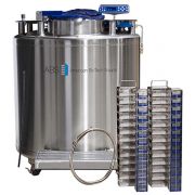 KryoVault auto fill tank KVP 2. Vial Capacity: 41,600. Includes: (30) Large Stainless Steel Racks; (8) Small Stainless Steel Racks; (390) 81/100 Cell Plastic Boxes; (104) 25 Cell Plastic Boxes; 6' Transfer Hose; CryoGloves and LN2 Measuring Ruler
