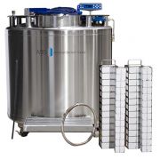 KryoVault auto fill tank KVP 3. Vial Capacity: 79,300. Includes: (58) Large Stainless Steel Racks; (12) Small Stainless Steel Racks; (754) 81/100 Cell Cardboard Boxes; (156) 25 Cell Cardboard Boxes; 6' Transfer Hose; CryoGloves and LN2 Measuring Ruler