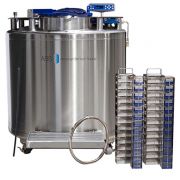 KryoVault auto fill tank KVP 3. Vial Capacity: 79,300. Includes: (58) Large Stainless Steel Racks; (12) Small Stainless Steel Racks; (754) 81/100 Cell Plastic Boxes; (156) 25 Cell Plastic Boxes; 6' Transfer Hose; CryoGloves and LN2 Measuring Ruler