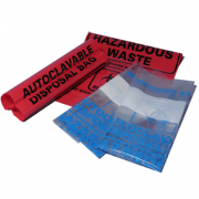 Red Biohazard Bags with black printed markings, 2.5mil thickness, 216mm x 279mm (8.5" x 11"); box of 100.