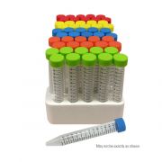 Benchmark Spectratube Centrifuge Tubes with rainbow caps, 15ml, sterile, 50 per foam rack, qty 500.