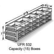 15-Box Capacity (5 Long 3 High) Upright Drawer Rack for Standard 5.25 x 5.25 x 2-Inch High Boxes, Stainless Steel, with Handles.