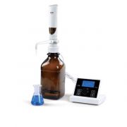 DLAB dFlow Digital Bottle Top Dispenser. VolumeRange 0.1 - 99.9mL, Max piston lift is 10mL, resolution is 100uL.