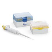 PROMO Eppendorf Research® 3 neo 1-channel; 10 – 200 µL, yellow, variable volume; ACT-labeled. Includes 960 ep Dualfilter T.I.P.S.®, 2 – 200 µL, 55 mm, and  ColorTag pipette marking rings sample bag