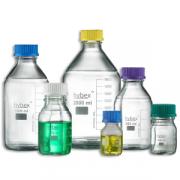 Benchmark hybex™ media storage bottle - 100mL; GL45 threaded cap (assorted colours); borosilicate glass; autoclavable including caps and drip rings; marking area; 10/pkg.