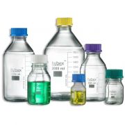 Benchmark hybex™ media storage bottle - 1000mL; GL45 threaded cap (assorted colours); borosilicate glass; autoclavable including caps and drip rings; marking area; 10/pkg.