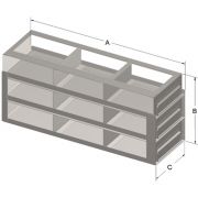 CBS Rack with 9-Box Capacity (3 long x 3 high); upright slide freezer rack for standard 5.25 x 5.25 x 2" boxes, constructed of corrosion resistant stainless steel; includes handles. Each.