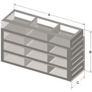 CBS Rack with 12-Box Capacity (3 long x 4 high); upright slide freezer rack for standard 5.25 x 5.25 x 2" boxes, constructed of corrosion resistant stainless steel; includes handles. Each.
